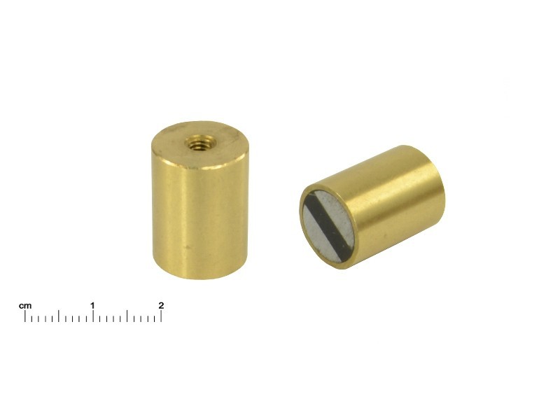 Magnet messingist, läbimõõt 15 mm, M4 sisekeermega, kõrgus 20 mm, neodüüm magnet.