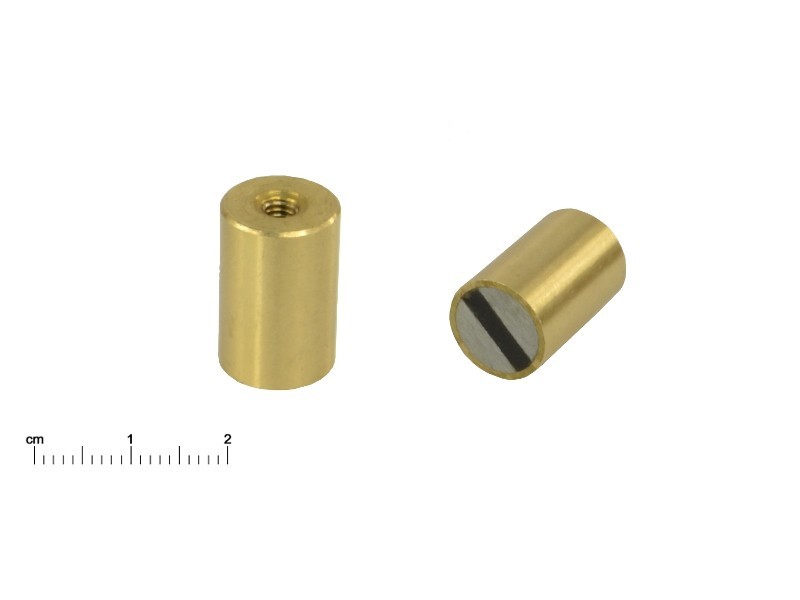 Magnet in brass hausing, diameter 13 mm, M4 internal thread, height 20 mm, neodymium