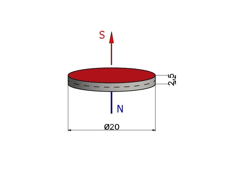 D20 x 2,5 / N38 - Magnete al neodimio (NdFeB)