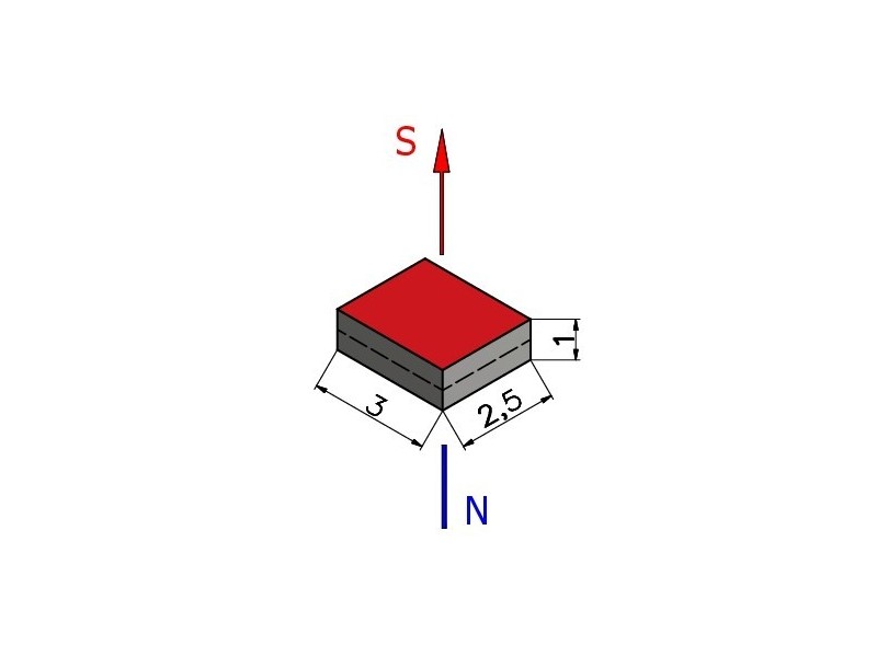 3 x 2,5 x 1 / N38 - Magnete al neodimio (NdFeB)