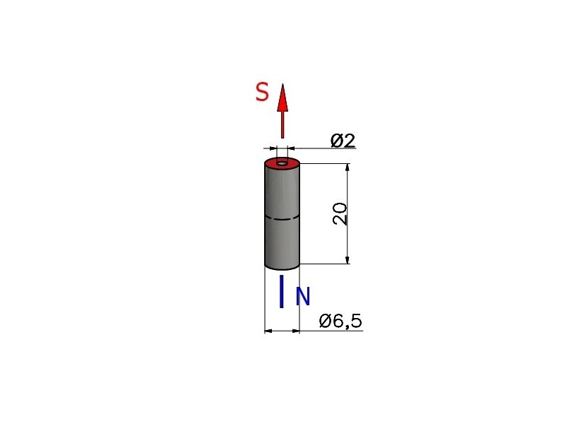 D6,5 x d2 x 20 / N38 - íman de neodímio (NdFeB)