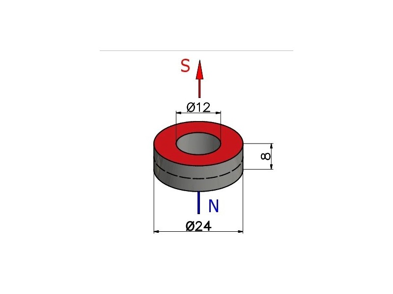 D24 x d12 x 8 / N38 - Neodyymimagneetti (NdFeB)