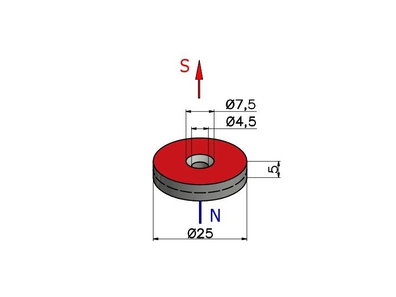 D25 x d7,5/4,5 x 5 / N38 - íman de neodímio (NdFeB)