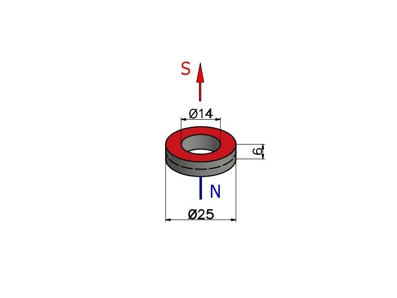 D25 x d14 x 6 / N38 - Magnete al neodimio (NdFeB)