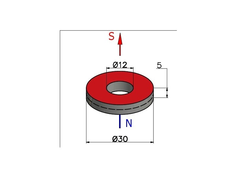 D30 x d12 x 5 / N35 - Neodymium magneet (NdFeB)