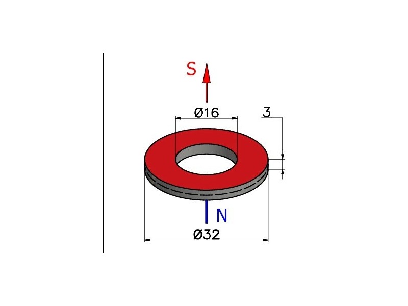 D32 x d16 x 3 / N38 - Neodym Magnet (NdFeB)