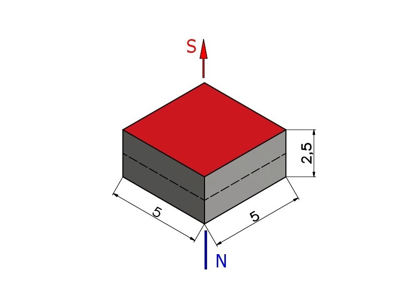 5 X 5 X 2,5 / N38 - Magnete al neodimio (NdFeB)