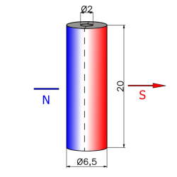 D6,5A x d2 x 20 / N38 - Neodymium magneet (NdFeB)