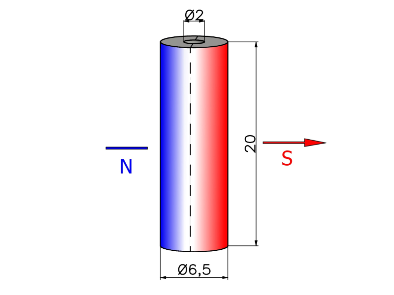 D6,5A x d2 x 20 / N38 - Neodyymimagneetti (NdFeB)