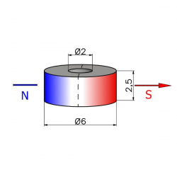 D6A x d2 x 2,5 / N38 - Neodymiummagneet (NdFeB)
