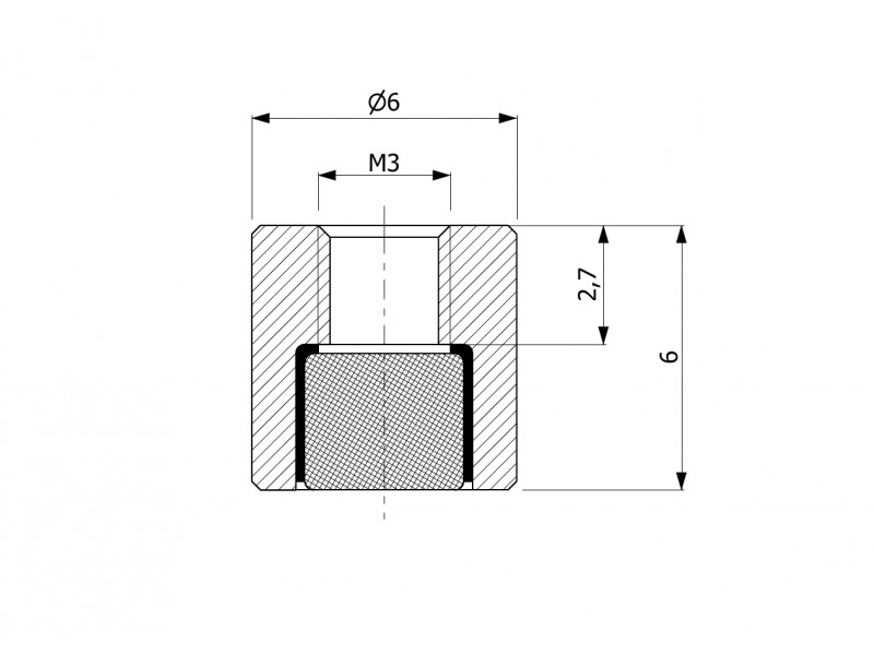 Magnet, diameter 6 mm, M3 indvendigt gevind, højde 6 mm, neodymium