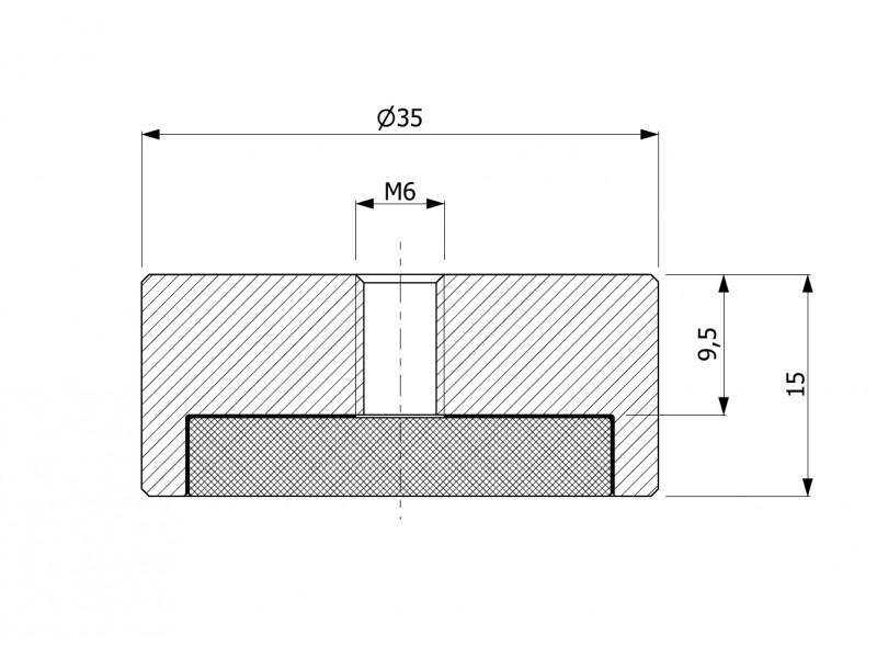 Magnete, diametro 35 mm, filettatura interna M6, altezza 15 mm, neodimio