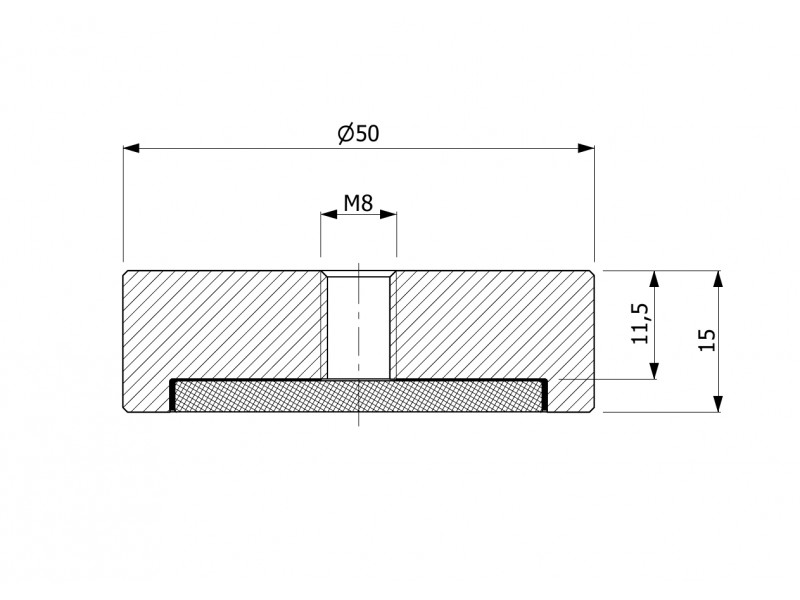Magneetti, halkaisija 50 mm, sisäkierre M8, korkeus 15 mm, neodyymi magneetti.