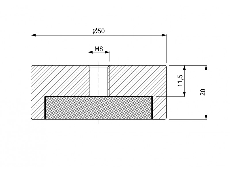 Magnet, diameter 50 mm, M8 indvendigt gevind, højde 20 mm, neodymium