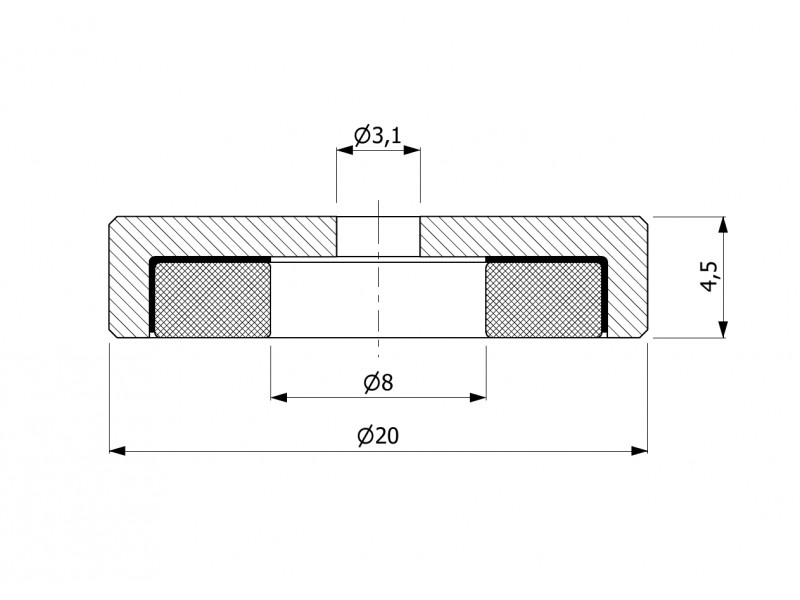 Magnet in housing, diameter 20 mm, with bore for flat head screw, neodymium