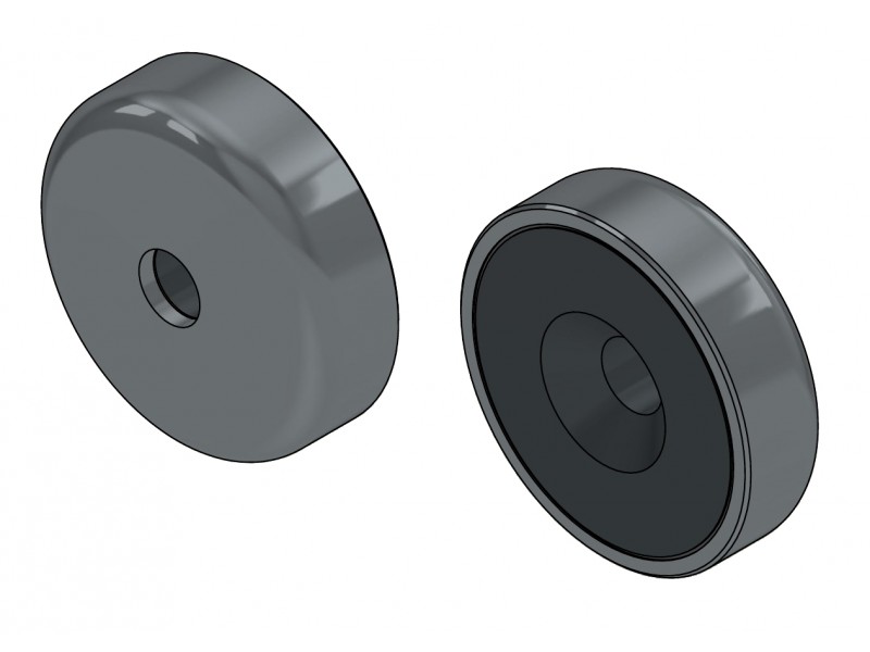 Magnet i hus, diameter 20 mm, med hul til undersænket skruehoved, ferrit