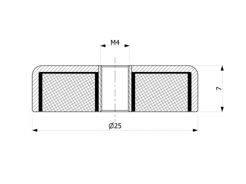 Magnete, diametro 25 mm, filettatura interna M4, altezza 7 mm, ferrite