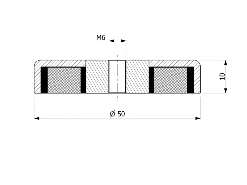 Magnete, diametro 50 mm, filettatura interna M6, altezza 10 mm, ferrite