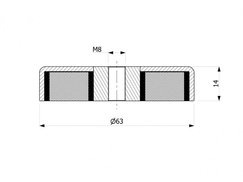 Magnet, průměr 63 mm, vnitřní závit M8, výška 14 mm, feritový