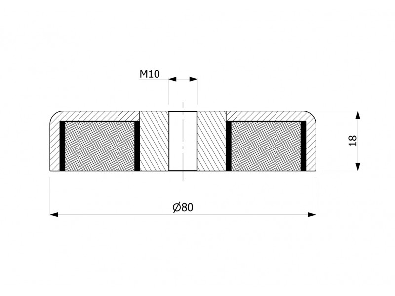 Mágnes, átmérő 80 mm, M10-es belső menet, magasság 18 mm, ferrit