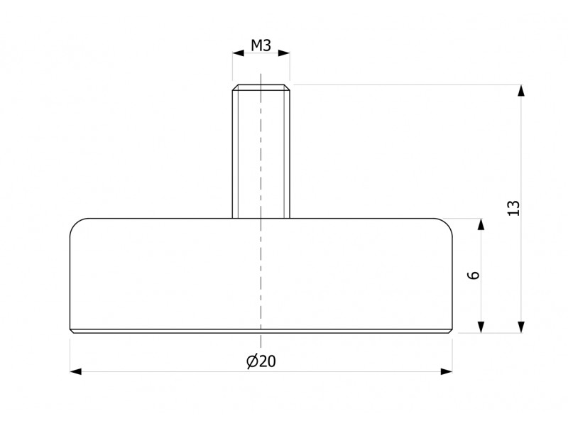 Magnet, průměr 20 mm, vnější závit M3, feritový