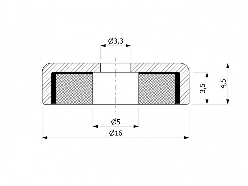 Magnet în carcasă, diametru 16 mm, cu orificiu pentru șurub cu cap plat, ferită