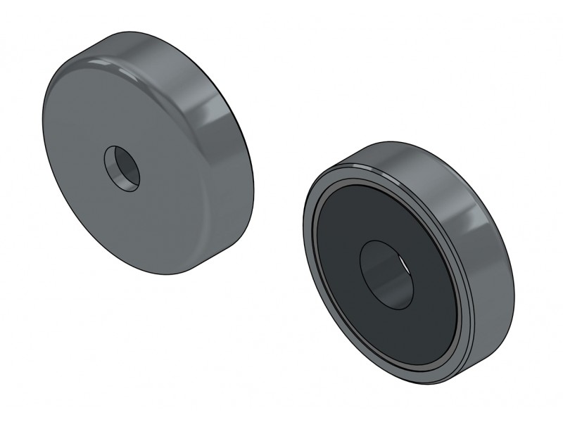 Magnet i hus, diameter 16 mm, med boring for flat skrue, ferritt