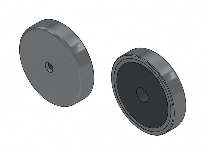 Magneetti kotelossa, halkaisija 32 mm, jossa on reikä litteäpäistä ruuvia varten, ferriittiä.