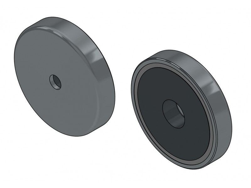 Magnetas korpuse, 36,2 mm skersmens, su skyle plokščiagalviui varžtui, feritinis