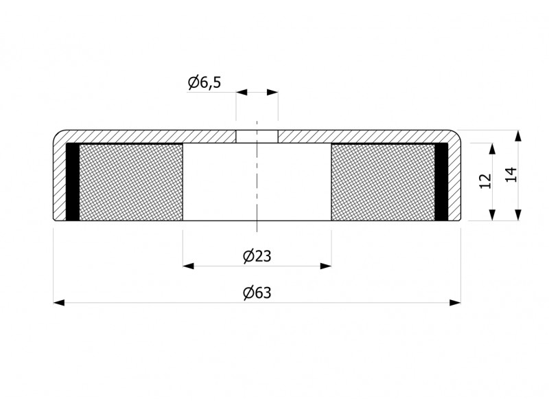Magnēts korpusā, diametrs 63 mm, ar atveri skrūvei ar plakanu galvu, ferīts