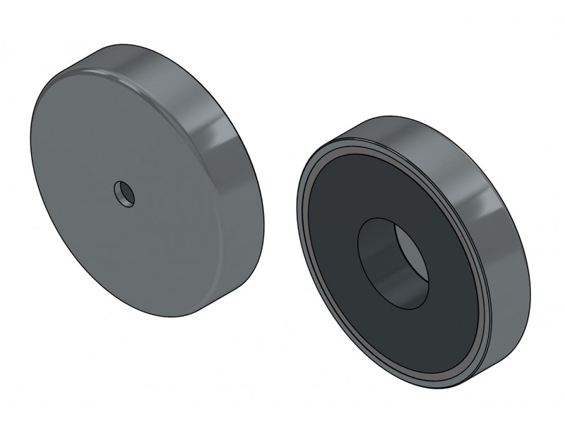 Íman em caixa, diâmetro 63 mm, com furo para parafuso de cabeça chata, ferrite