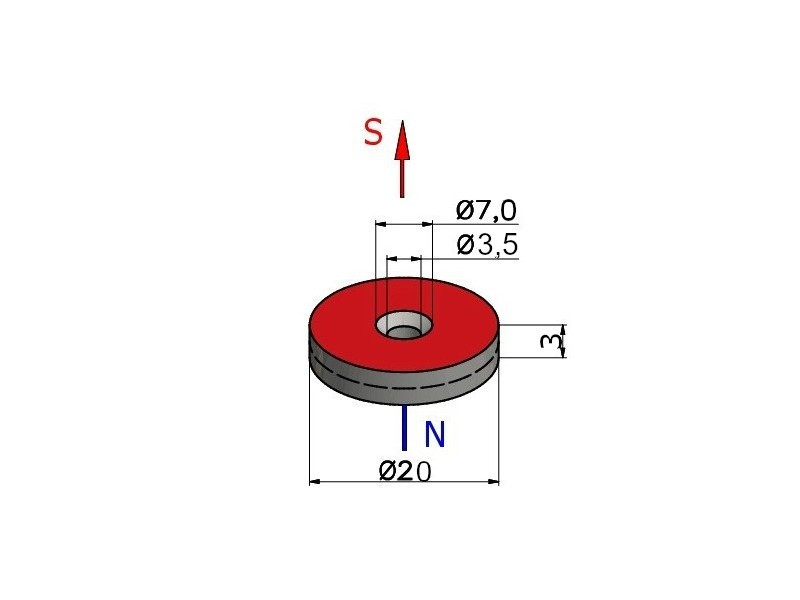 D20 x d7/3,5 x 3 / N38 - íman de neodímio (NdFeB)