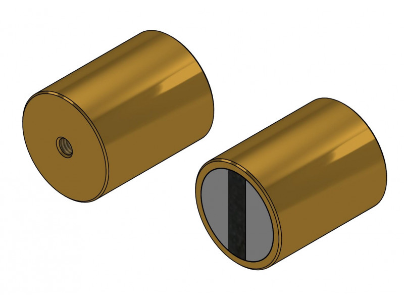 Magnet in brass hausing, diameter 25 mm, M6 internal thread, height 35 mm, neodymium