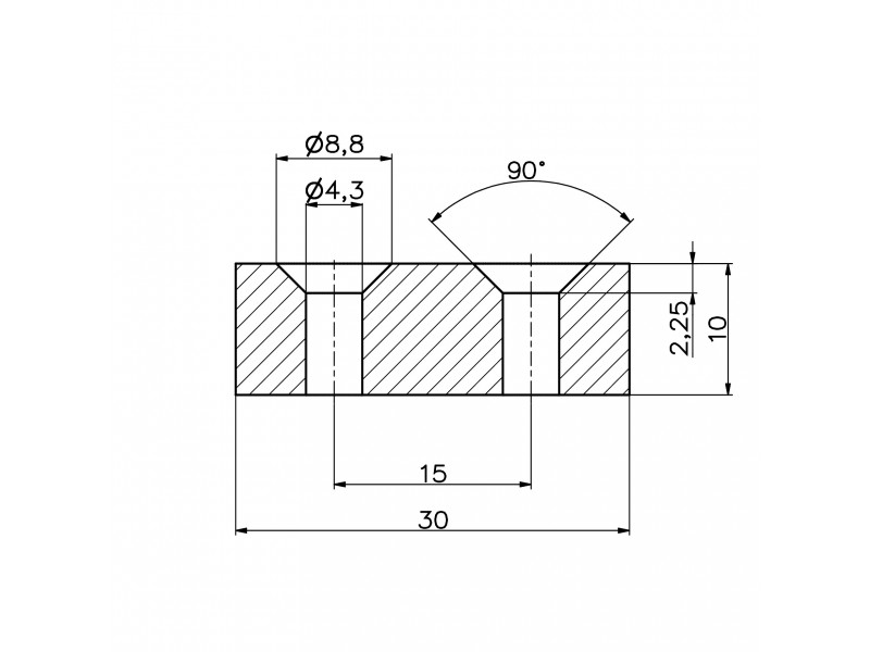 30 X 10 X 10 - D8,8/d4,3 / N38 - magnet de neodim (NdFeB)