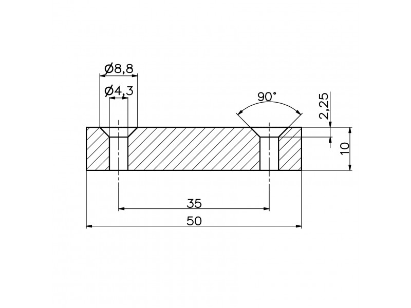 50 X 10 X 10 - D8,8/d4,3 / N38 - Íman de neodímio (NdFeB)