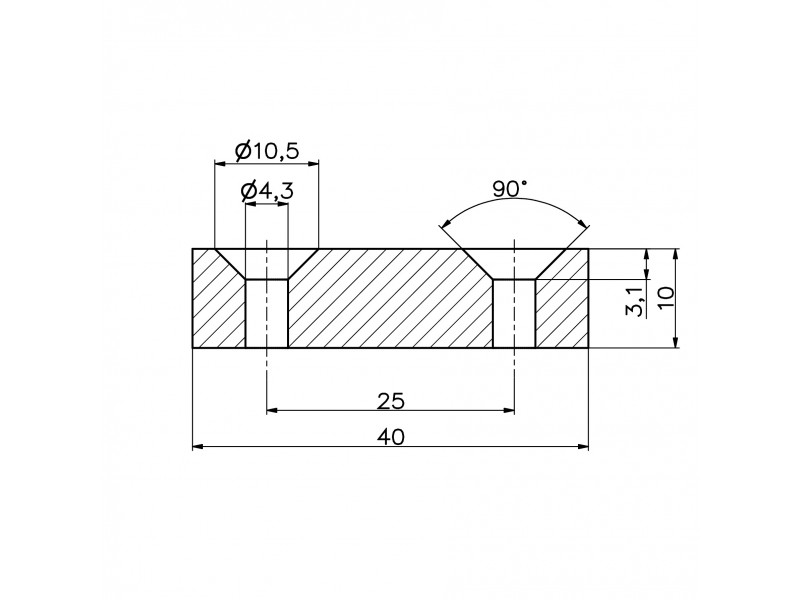 40 X 20 X 10 - D10,5/d4,3 / N38 - Magnete al neodimio (NdFeB)