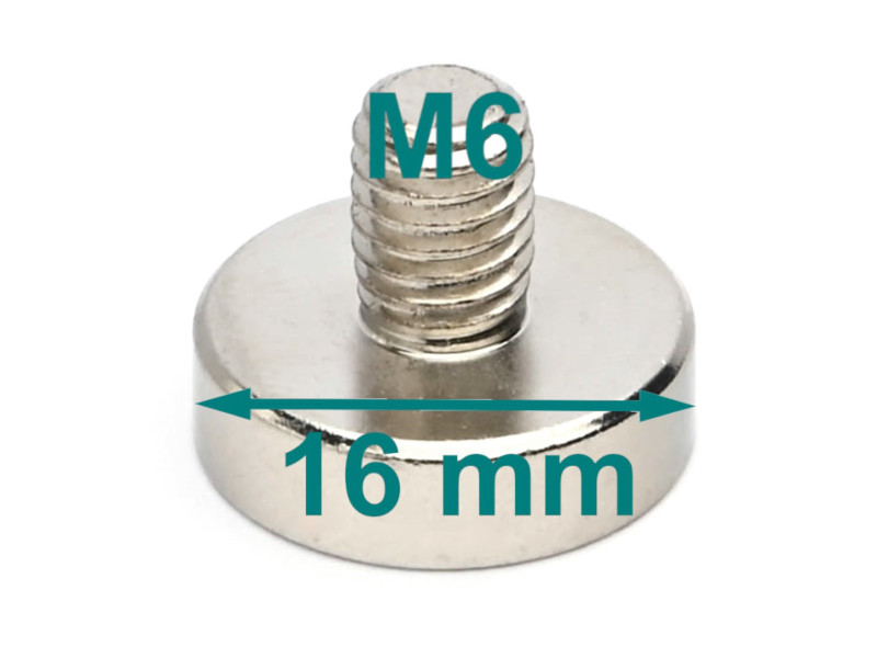 Mıknatıs, çap 16 mm, M6 dış dişli, neodimyum