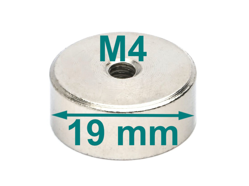 Magnet, diameter 19 mm, M4 invändig gänga, höjd 8 mm, neodymium