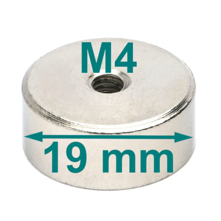 Magnet, diameter 19 mm, M4 indvendigt gevind, højde 8 mm, neodymium