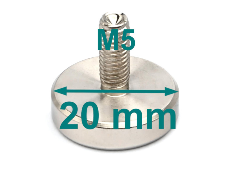 Mıknatıs, çap 20 mm, M5 dış dişli, yükseklik 18 mm, neodimyum