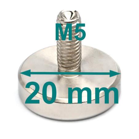 Magnet, diameter 20 mm, M5 external thread, height 18 mm, neodymium