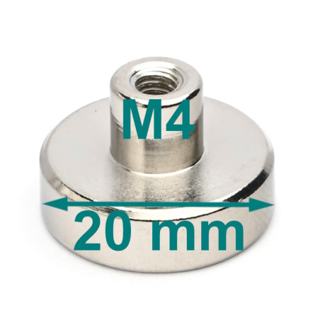 Magnet i hus, diameter 20 mm, med skruestik M4 - neodymium