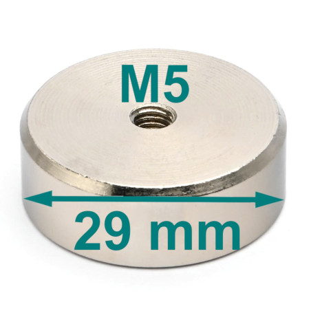 Magnet, diameter 29 mm, M5 innvendig gjenge, høyde 10 mm, neodymium