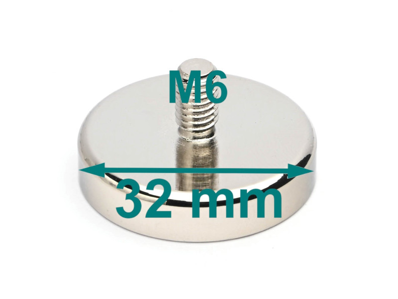 Magnet, diameter 32 mm, M6 utvendig gjenge, neodymium