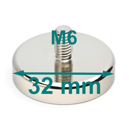 Mıknatıs, çap 32 mm, M6 dış dişli, neodimyum