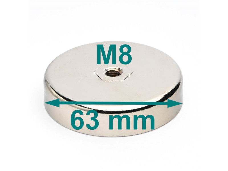 Magnet, diameter 63 mm, M8 innvendig gjenge, høyde 14 mm, ferritt