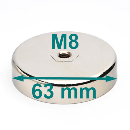 Magnet, diameter 63 mm, M8 innvendig gjenge, høyde 14 mm, ferritt