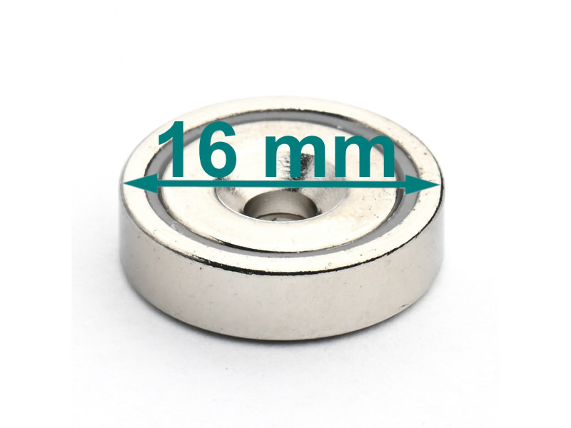 Magnet v ohišju, premer 16 mm, z luknjo za poglobljeno glavo vijaka, neodim