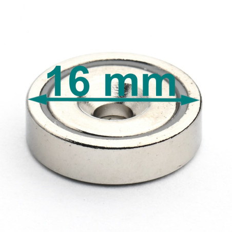 Magnet im Gehäuse, Durchmesser 16 mm, mit kegelförmigem Schraubenkopfloch, Neodym