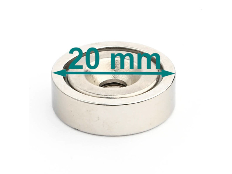 Gövde içinde mıknatıs, çap 20 mm, havşa başlı vida için delikli, neodimyum